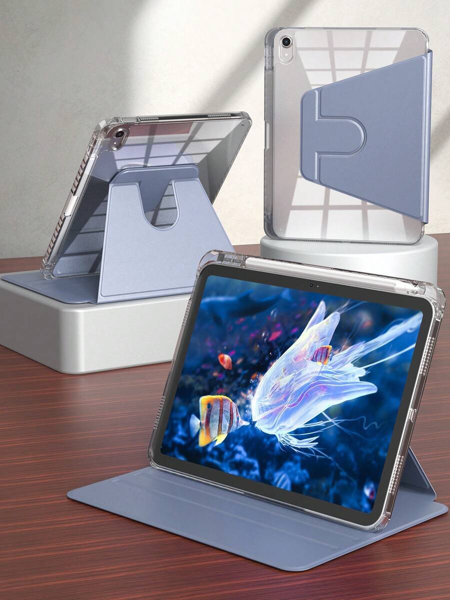 适用于 iPad 5/6/7/8/9/10/11、iPad Mini 6/7、iPad Air 1/2/3/4/5、11 英寸 (M2)/11 英寸 (M3)/13 英寸 (M2)/13 英寸 (M3)、iPad Pro 12.9 英寸（第三/四/五/六代）的 360° 旋转保护套，带笔槽，紫色。亚克力透明材质，防尘。
