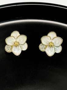 1 件时尚 3D 釉面花朵耳钉，简约设计时尚耳环配件，百搭而优雅 - 金色 - 查看 1