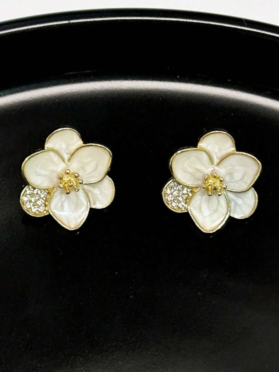 1 件时尚 3D 釉面花朵耳钉，简约设计时尚耳环配件，百搭而优雅 - 金色 - 查看 1