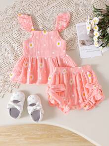 2pcs Baby Girls Cute Fresh Cap Sleeve Camisole Top + Shorts Set, Forest Style Summer Outfit - Pink - View 2