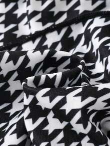 女婴时尚休闲可爱蝴蝶结千鸟格印花圆领短袖连体衣，配发带，夏季 - 黑色 - 查看 8