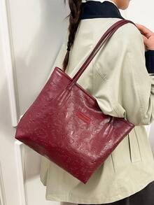 Borsa a spalla multifunzionale di moda da donna con grande capacità, nuova borsa in tela, design elegante, adatta per scuola, pendolarismo e shopping (ciondolo non incluso) - Bordò - Visualizzare 6