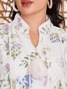 ASBB 重工刺繡 3D 仿縫線彩色印花阿拉伯女式 JALABIYA 連衣裙，流蘇蕾絲 V 領拼接百褶清新白色優雅洋裝，2026 春夏休閒穿搭 - 粉色 - 查看 3