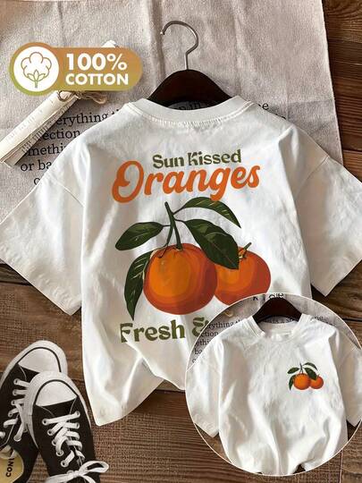 [Double-Sided Print Front And Back] Summer Women's Casual Top Hand-Painted Style Orange Green Leaves Sun-Kissed Oranges Fresh Vibrant Print Short Sleeve Crew Neck Pure Cotton T-Shirt