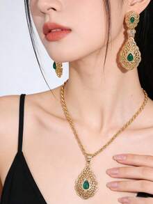 2pcs Women's Earrings & Necklace Jewelry Set, Vintage Palace Style, Rhinestone Inlaid, Middle Eastern Women's Festival Costume Accessories, Bridal Wedding Jewelry Set, Holiday Gift - Multicolor - View 4