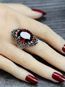 2026 New Collection Of Fine JewelryRetro Exaggerated Design Elegant Women's Fashion Oval Artificial Synthetic Red Garnet Ring Classic Design Women's Engagement And Proposal Ring Birthday Party Anniversary Gift Cocktail Banquet Jewelry High-End Accessories - 藍色 - 查看 12