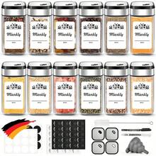 Miorkly 12/24/35 carré bocaux à épices, 120ml bocaux à épices avec inserts d'appliqueurs, bocaux à épices avec couvercles à visser - hermétiques, en verre d'acier inoxydable, comprennent des entonnoirs, des étiquettes et des stylos - bocaux à épices - rangements d'épices, cuisine, bocal à épices en verre, organisateur d'épices de cuisine, décorations d'automne, Noël