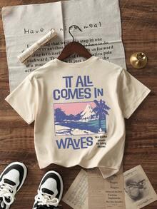 Camiseta de manga corta con cuello redondo y estampado casual para niñas preadolescentes y estudiantes, top de verano - Albaricoque - Ver 4