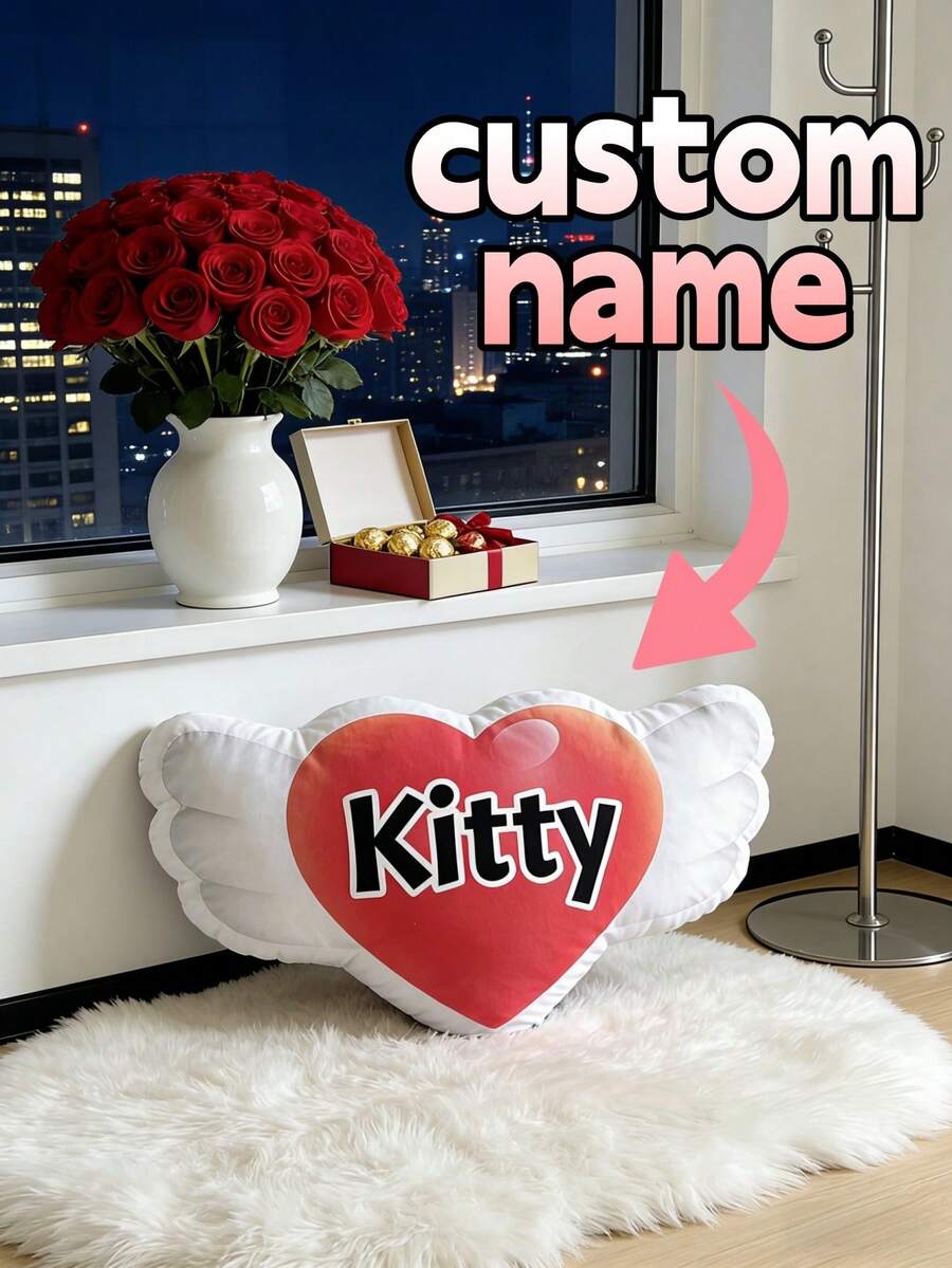 1 Pieza Almohada personalizada con corazón alado y nombre - Nombre personalizado, cojín romántico de amor de San Valentín, decoración del hogar con corazón de ángel lindo, regalo de San Valentín para parejas, regalo de aniversario, regalo de cumpleaños, recuerdo de boda y compromiso, regalo de Navidad y Año Nuevo - Multicolor - Ver 1