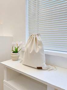 New Canvas Drawstring Backpack, Shoulder Bag With Pockets, Shopping/Student Bag, Back To School - Beige - View 9