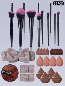 32pcs Makeup Brush Set, Anti-Smudge And Easy To Apply Powder Evenly, Include Mini Powder Puff, Triangle Powder Puff, Water Drop Makeup Sponge, Cleansing Band, Convenient For Travel And Carry