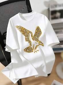 Mens 180G Heavyweight Cotton T Shirt Golden Eagle Soaring Print With Shiny Detail American Spirit Theme Street Casual Style Daily Outing Essential Top, Available In Sizes 4XL And 5XL - 白色 - 查看 1