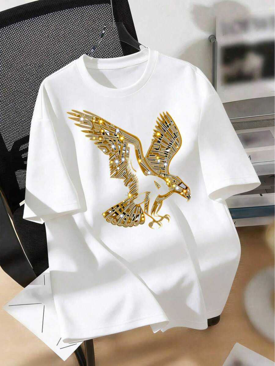 Mens 180G Heavyweight Cotton T Shirt Golden Eagle Soaring Print With Shiny Detail American Spirit Theme Street Casual Style Daily Outing Essential Top, Available In Sizes 4XL And 5XL - 白色 - 查看 1