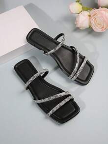 Giày sandal quai ngang đính pha lê thời trang nữ, thích hợp cho hẹn hò, mua sắm, tụ họp, tiệc tùng, đi làm và công sở. - màu đen - Xem 3