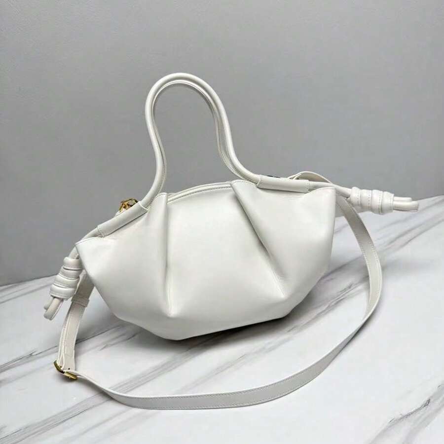White Knot Handle Leather Bag For Women, Minimalist Boho Crossbody Tote With Gold Hardware, Soft Pleated Shoulder Bag, Everyday Handbag - Blanco - Ver 1
