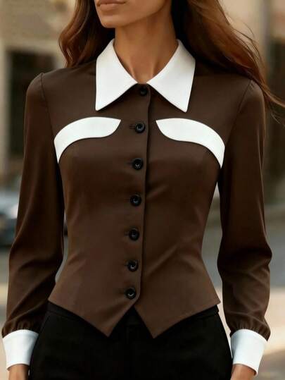 Commuter Color Block Patchwork Slim Fit Versatile Long Sleeve Shirt For Women