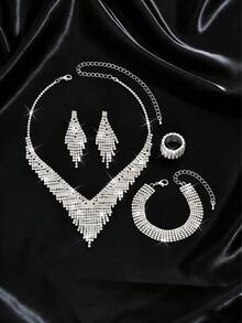 1 Set Women's Rhinestone Jewelry Set - Sparkling Tassel Rhinestone Jewelry Set - Copper Material With Inlaid Diamonds - Formal Occasion Birthday Valentine's Day Gift - Silver - View 4