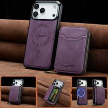 OUKNOEO [2-In-1 Magnetic Wireless Charging Case] Magnetic Wireless Charging Faux Leather Case Compatible With IPhone 17 Air 16e 15 14 13 Pro Max S26 S25 Edge S24 UItra Plus S25 FE A16 A17 A36 A56 A37 A57 5G With Zipper Card Bag Set - Purple - View 1