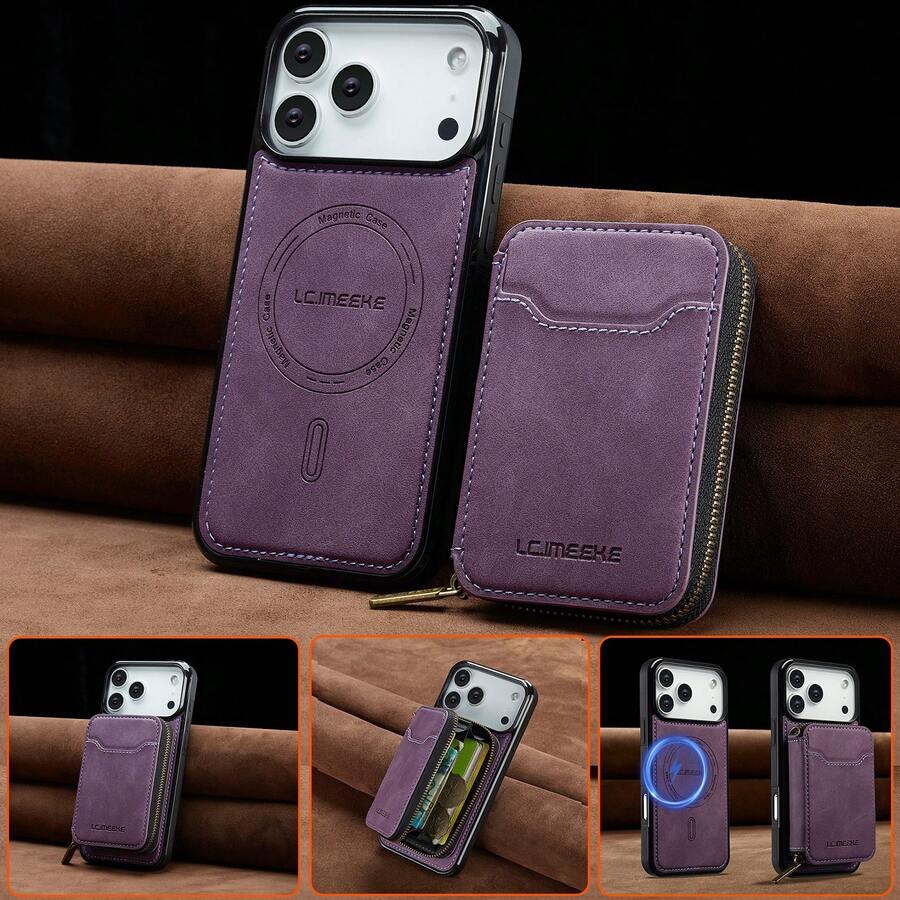 OUKNOEO [2-In-1 Magnetic Wireless Charging Case] Magnetic Wireless Charging Faux Leather Case Compatible With IPhone 17 Air 16e 15 14 13 Pro Max S26 S25 Edge S24 UItra Plus S25 FE A16 A17 A36 A56 A37 A57 5G With Zipper Card Bag Set - Purple - View 1