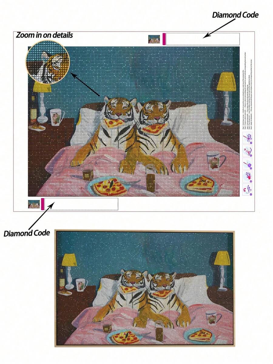 5D DIY钻石画 | 拟人化老虎与披萨生活场景钻石画套装。生动的日常生活主题高清钻石画，手工装饰画，全钻马赛克工艺套装，锻炼DIY技能和专注力。 - 彩色 - 查看 1