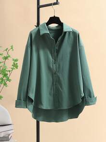 Minimalist Lapel Long Sleeve Loose Women's Shacket, Featuring Shirt Collar And Asymmetric Hem Design Spring - Bean Green - View 3