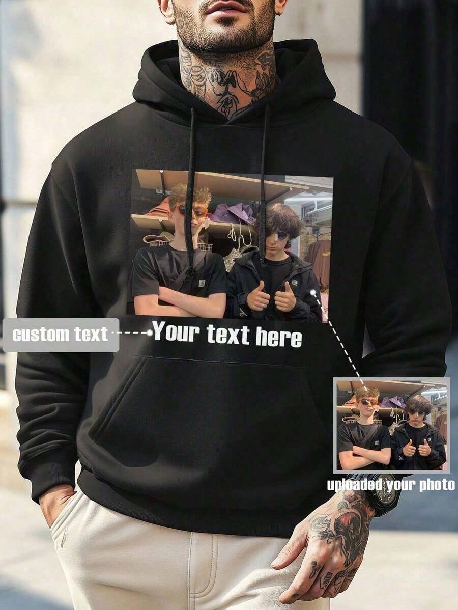 Customized Hooded Sweatshirt, Add Your Text And Photo/Couple/Family/Best Friend/Pet Photo, Christmas/Halloween Outfit, Men's Black Hoodie, Birthday/Valentine's Day/Father's Day/Party/Anniversary/Custom Design - Black - View 1