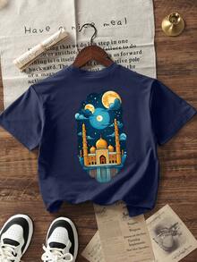 Camiseta de manga corta con cuello redondo y estampado casual para niños preadolescentes durante el Ramadán, top de verano - Azul Marino - Ver 3