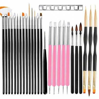 27 PCS Nail Art Brushes Set With Brush Stand Nail Sculpture Pen Dotting Tools For Paint 3D Nails, Nail Design Brush For Acrylic Gel Dip Powder Nail Extensions, French Manicure, For Home Salon