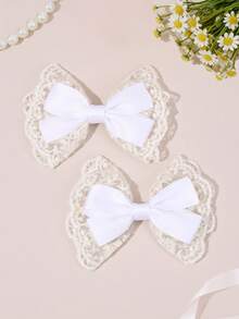 2个白色蕾丝蝴蝶结发夹，优雅蕾丝蝴蝶结发夹，粉色丝带蝴蝶结鳄鱼夹，适合女孩节日婚礼派对头饰，儿童宝宝发饰 - 白色 - 查看 4