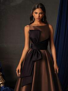 Smilprince Women's Elegant Bow Decor Long Evening Dress, High-End Formal Gown For Gala Wedding Party Spring - Brown - View 1