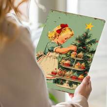 2D Flat Retro Style Metal Tin Sign, 1 Piece - Large 12x8 Inch Medieval Modern Style Christmas Wall Decoration, Includes Plaid Dress Girl And Mint Green/Red Festive Cupcake - High Quality - View 8