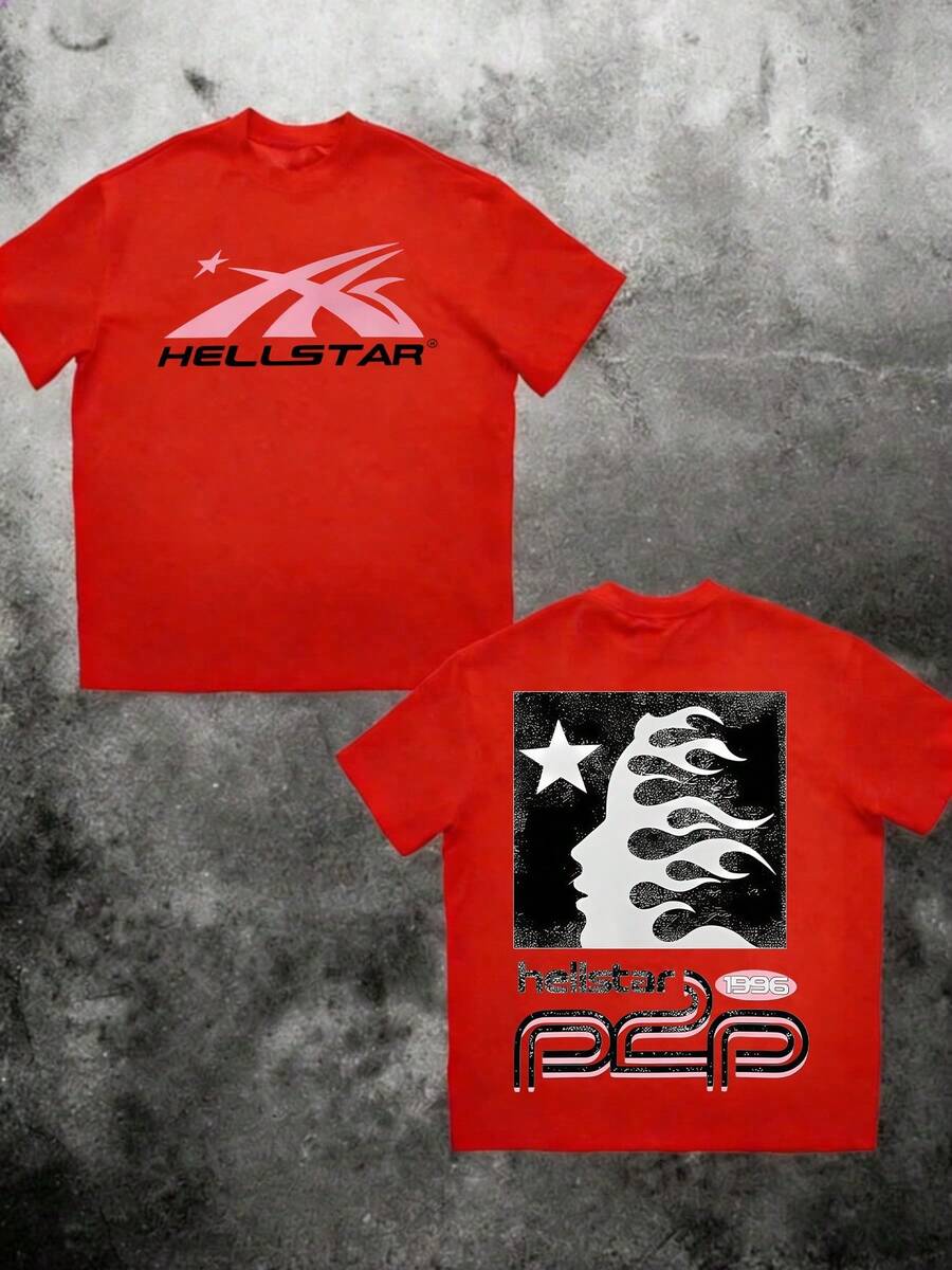 1pcs Y2K Flame Star Graphic 220g Tee Vintage Street Style 100% Cotton Men Clothes, Double Sided Graphic Mens Shirts, Retro Space Flame Printed T Shirt Gifts For Men, Summer Outfits, Streetwear - 紅色 - 查看 1
