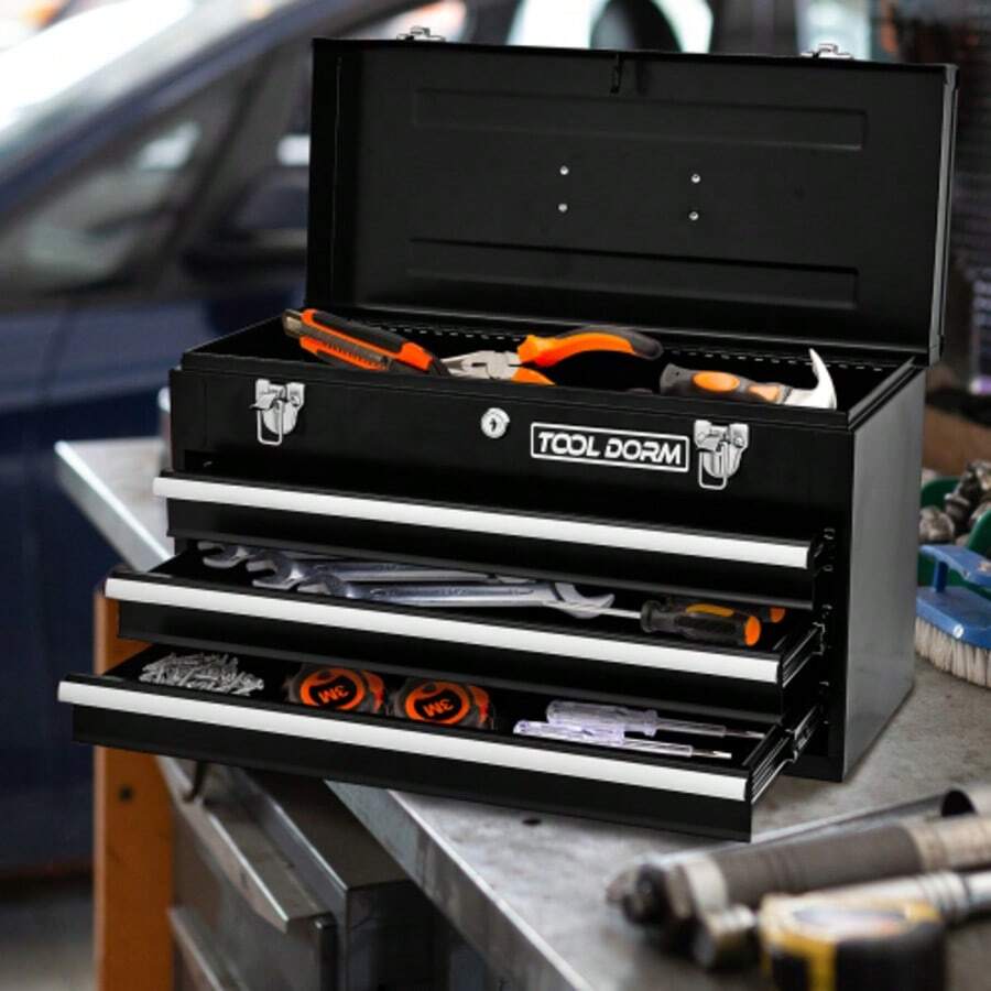 20.3inch Metal Tool Box With Drawers Portable Steel Metal Tool Box With Protective Liner And Metal Latch Closure And Lock For Garage, Home And Warehouse (Black-3 Drawers) - Black - View 1