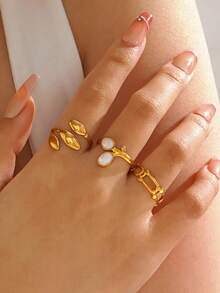 3pcs/Set Stainless Steel Fashionable Leaf Design Rings Set, Suitable For Women's Daily Wear