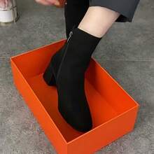 2025 Invierno Nuevas Botas  Elegantes y de Moda con Punta Afilada y Tacón Medio para Mujeres Retro de Gamuza Versátiles para Mediana Edad y Ancianos Botas de Algodón - Forro polar negro - Ver 4