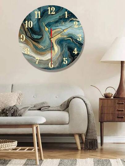 1pc Silent Non-Ticking Wall Clock - Modern Marble Pattern Design, Navy Blue & Gold, Elegant Wooden Frame - Suitable For Living Room, Bedroom, Office, Kitchen - Provided In 10/12 Inch Sizes - Requires AA Battery (Battery Not Included) - Minimalist Home Decor, Abstract Pattern, High-Quality Craftsmanship, Fashionable Clock, Interior Designer''s Choice
