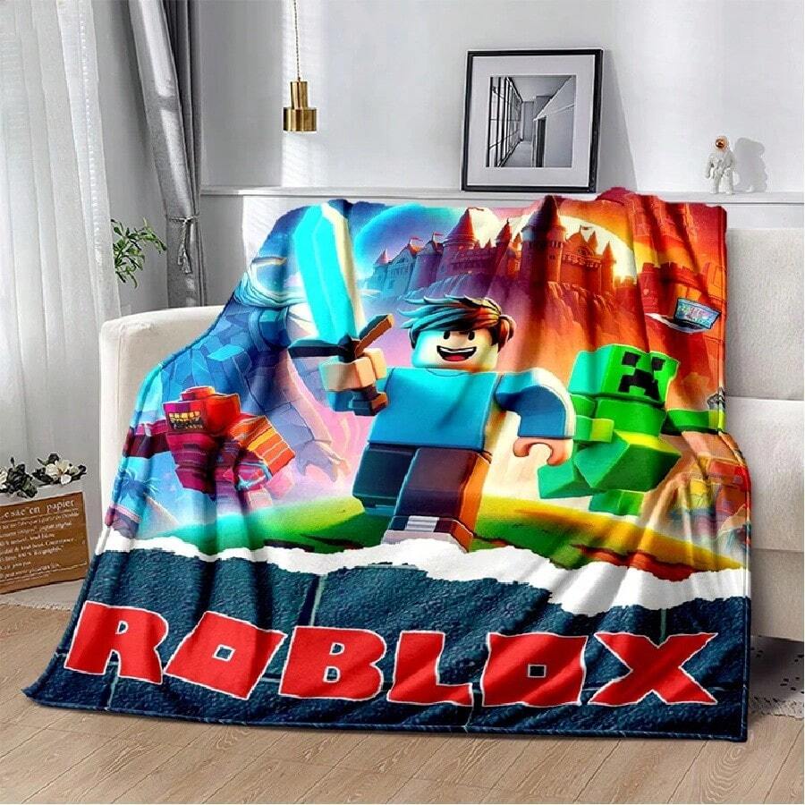 3D Cartoon R-Robloxs Game Flannel Blanket Soft Warm Throw Blanket For Bedroom Living Room Bed Travel Camping Picnic Gift(39).Jpg - White - View 1
