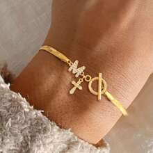 1pc Classic Fashion Initial Cross Pendant Golden Toggle Clasps Stainless Steel Herringbone Chain Bracelets For Momen - Yellow Gold - View 1