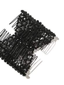 1pc Black Beaded & Rhinestone Elasticated Double Row Hair Comb, Magical Hair Comb Sticker For Women Street Combs For Hair Side Comb, School Stuff, Wedding, Hair Accerssories - 黑色 - 查看 5
