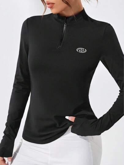 女士拇指孔运动T恤，半拉链长袖瑜伽上衣，高弹力磨毛面料无缝拇指孔印花运动T恤，瑜伽普拉提健身跑步训练高弹亲肤