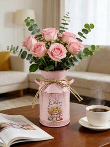 Easter Theme Pink Milk Jug Vase With Rabbit & Egg Pattern, American Farmhouse Style, Dried Flower Container, Home Decor, Living Room Decoration, Floral Arrangement, Tabletop Flower Pot - Pink - View 5