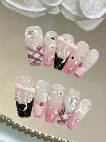 10pcs Valentine's Day Cute Pink Plaid Coffin Shaped Handmade Nail Art Tips