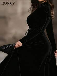 DONICY 加大码女士黑色丝绒深V领系带长款连衣裙，新款春夏时尚优雅连衣裙，适合情人节、狂欢节、约会、派对、正式场合。 - 黑色 - 查看 4