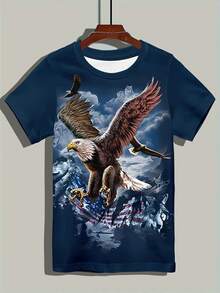 Men'S Patriotic Eagle & American Flag Graphic T-Shirt - Lightweight Breathable Short Sleeve Round Neck Tee With City Skyline Design, Regular Fit Casual Top For Casual Attire, PLUS SIZE - 混合色 - 查看 3