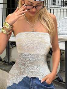 Top elegant pentru femei, casual, versatil, cu tiv asimetric, cu garnitură sexy din dantelă, potrivit pentru petrecere, Halloween, Ajunul Crăciunului, Crăciun, festivalul de primăvară, activități în aer liber, plajă, întâlniri cu prietenii, cumpărături, divertisment, muncă etc. Material simplu, confortabil, stil unic, raport calitate-preț ridicat, primăvară/vară. - alb - Vizualizare 1