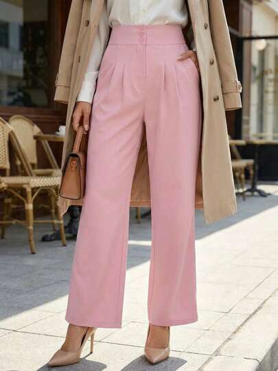 Pantalón mujer talle alto pretina ancha con botones pinzas pierna ancha, corte recto bolsillos estilo elegante moderno tela ligera cómodo para oficina casual y eventos tela suave versátil combinable outfits estilo juvenil casual o trabajo workwear