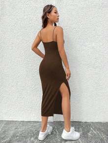 Viscolycra Spaghetti Strap Dress With Side Slit - Chocolate Brown - View 2