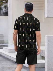 Men's Business Casual Commuter Cross Print Polo Shirt And Shorts Set - Multicolor - View 4