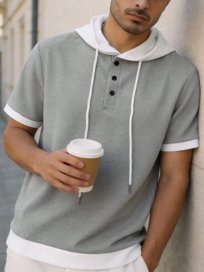 GOLDREDY 男士休闲时尚连帽撞色拼接针织面料简约优雅百搭设计日常通勤必备男士T恤