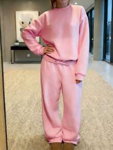 女士街头休闲运动套装 | 宽松纯粉色圆领卫衣和运动裤 | 适合情人节、健身房、早午餐、居家办公、户外活动 | 2026春夏/冬季 - 粉色 - 查看 3
